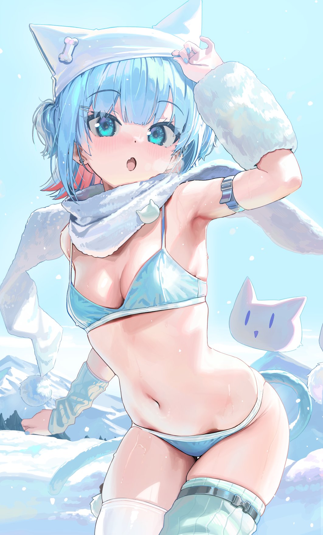 1girl, :o, adjusting_clothes, adjusting_headwear, animal_ear_headwear, animal_ears, arm_up, arm_warmers, asymmetrical_legwear, bare_shoulders, blue_bra, blue_eyes, blue_hair, blue_nails, blue_panties, blue_sky, bone_hat_ornament, bra, breasts, cat_tail, cleavage, colored_inner_hair, commentary, cowboy_shot, creature, fake_animal_ears, fang, hat, highres, indie_virtual_youtuber, kanzarin, kanzarin_(vtuber), looking_at_viewer, mismatched_legwear, mountain, multicolored_hair, nail_polish, navel, open_mouth, outdoors, panties, ribbed_thighhighs, scarf, short_hair, skin_fang, skindentation, sky, small_breasts, snow, solo, stomach, tail, thighhighs, underwear, underwear_only, virtual_youtuber, white_hat, white_scarf