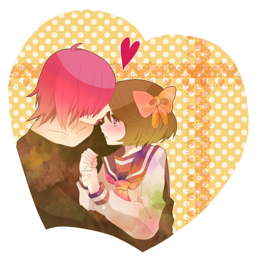 1boy, 1girl, :o, black_shirt, blush, bow, brown_hair, clenched_hands