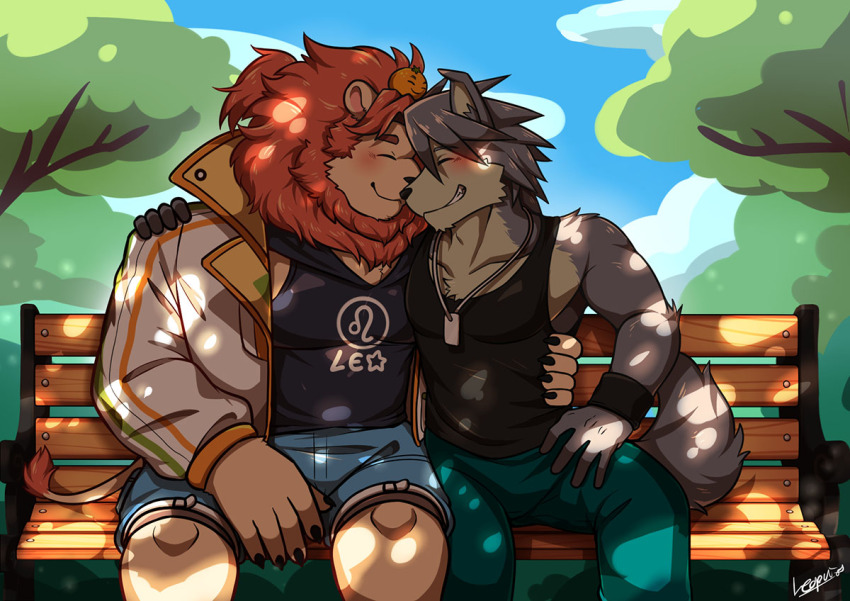 2boys, animal_ear_fluff, animal_ears, bench, biceps, black_tank_top, blue_shorts, blush