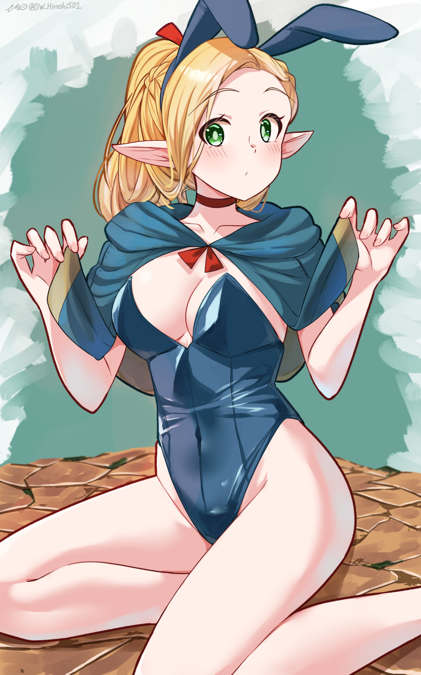 1girl, absurdres, animal_ears, blonde_hair, breasts, capelet, choker, collarbone, covered_navel, dungeon_meshi, elf, fake_animal_ears, green_eyes, groin, hair_ribbon, highres, hiroshi_(hunter-of-kct), large_breasts, leotard, long_hair, looking_at_viewer, marcille_donato, on_floor, playboy_bunny, pointy_ears, rabbit_ears, ribbon, sitting, solo, strapless, strapless_leotard
