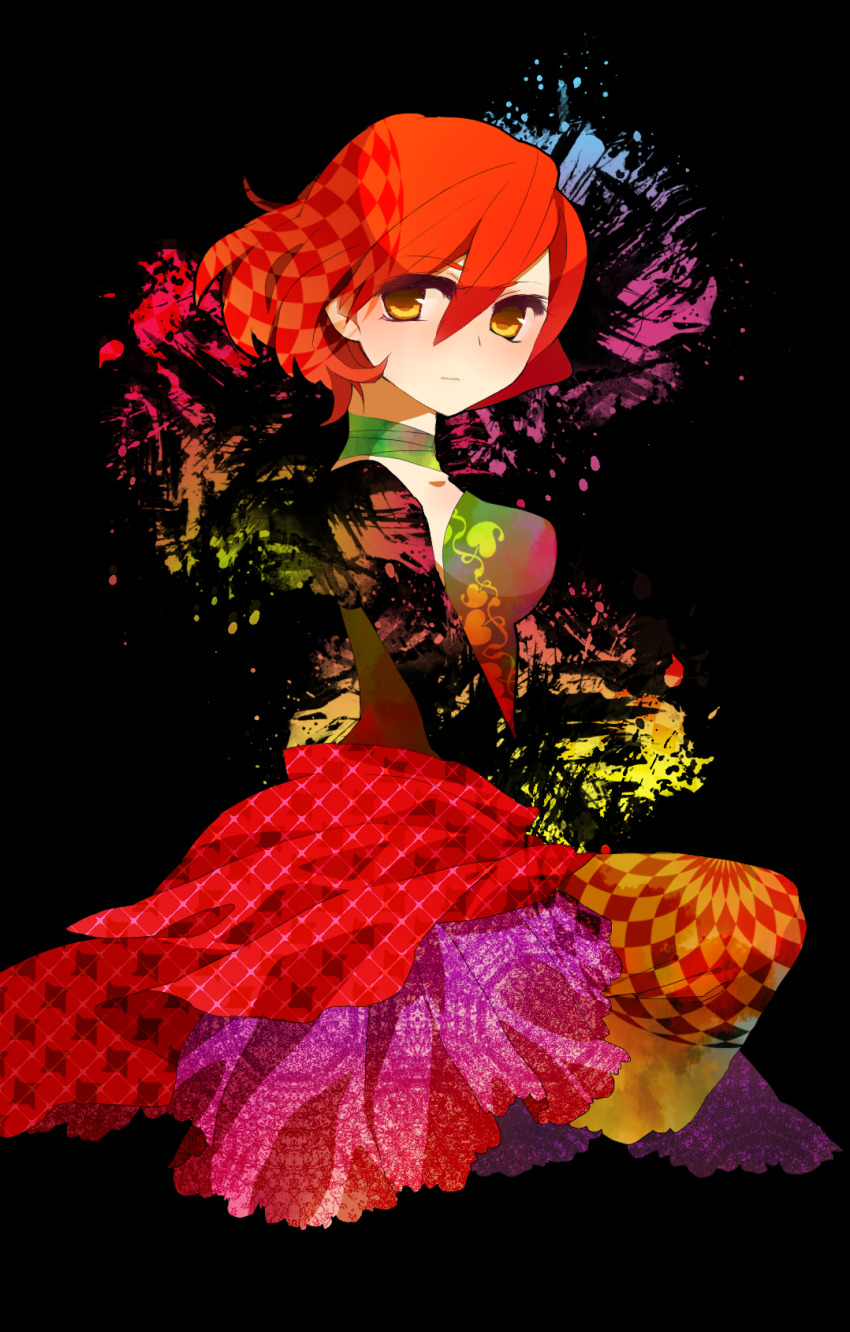 1girl, black_background, black_sleeves, choker, cropped_legs, detached_sleeves, from_side, hair_between_eyes, highres, light_frown, long_sleeves, looking_at_viewer, mokaroko, orange_hair, saika_magoichi_(sengoku_basara), sengoku_basara, short_hair, simple_background, solo, yellow_eyes