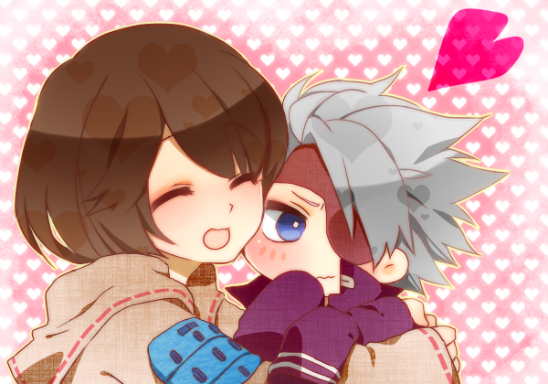 1boy, 1girl, :d, ^_^, blue_eyes, blush, brown_hair, brown_sailor_collar