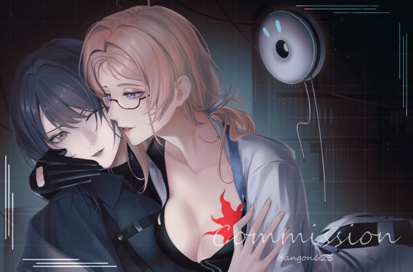 2girls, ahoge, angon623, black_gloves, black_shirt, blonde_hair, blue_eyes, breasts