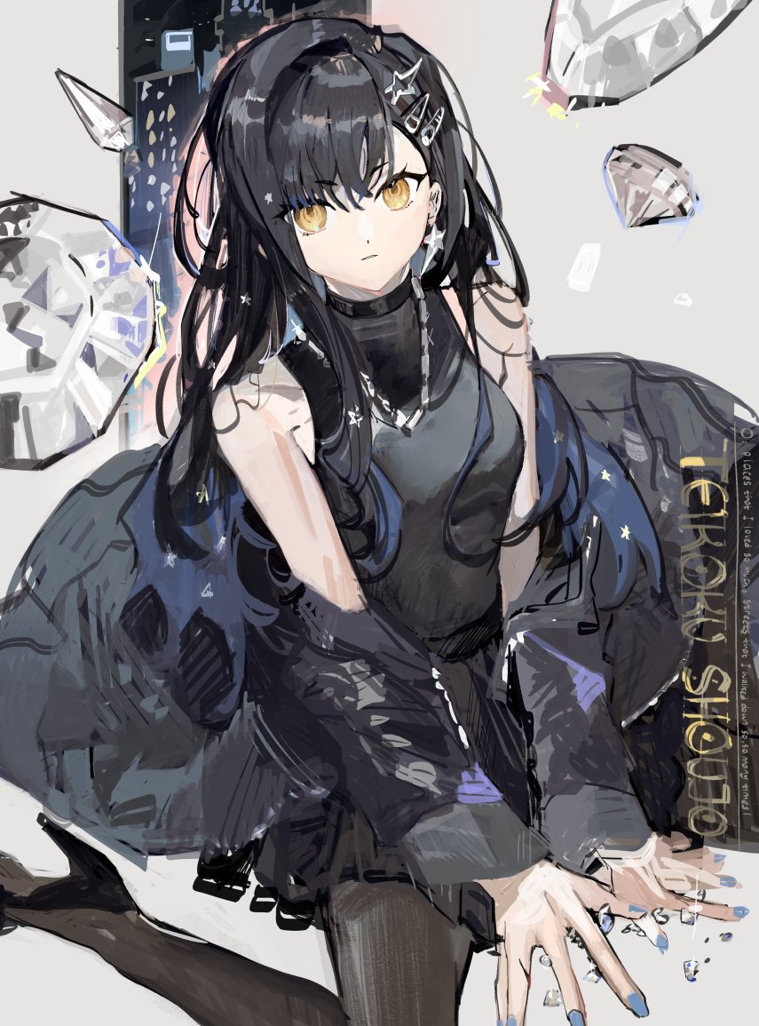 1girl, bare_shoulders, black_choker, black_hair, black_jacket, black_shirt, black_skirt, choker