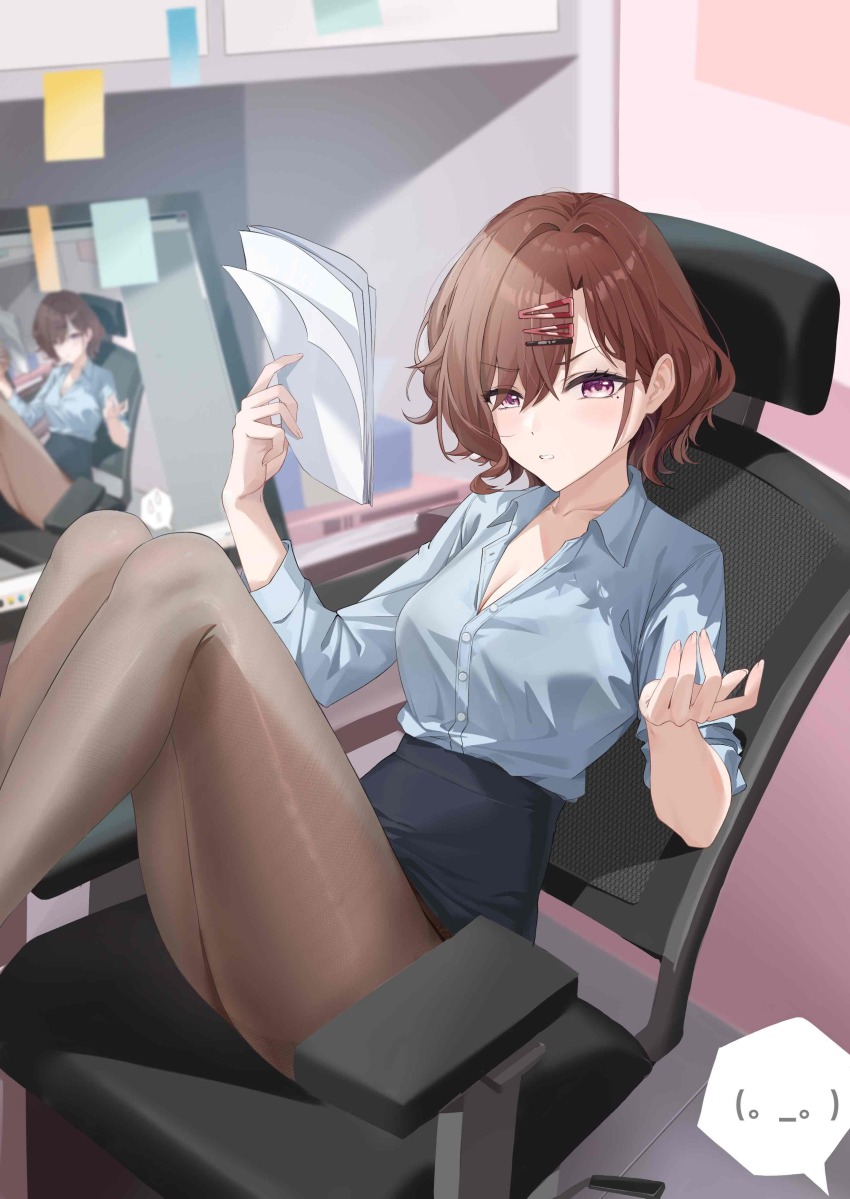 1girl, absurdres, blue_shirt, blue_skirt, breasts, brown_hair, brown_pantyhose, chair