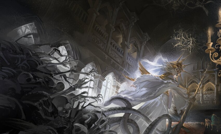 1boy, arch, architecture, blonde_hair, candle, chair, chandelier, commentary