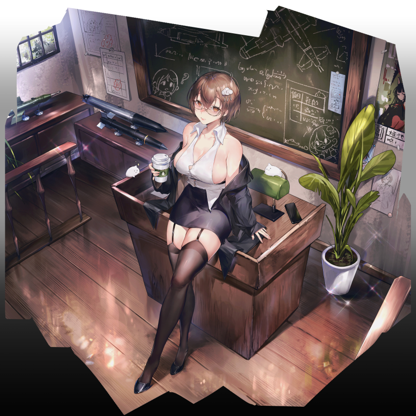 1girl, absurdres, bare_shoulders, black_footwear, black_jacket, black_skirt, black_thighhighs, blush, breasts, brown_eyes, brown_hair, cellphone, chalkboard, cleavage, collared_shirt, crossed_legs, cup, desk, disposable_cup, flower, full_body, garter_straps, glasses, hair_ornament, high_heels, highres, holding, holding_cup, indoors, jacket, large_breasts, long_sleeves, looking_at_viewer, off_shoulder, office_lady, official_alternate_costume, official_art, open_clothes, open_jacket, pencil_skirt, phone, plant, shirt, short_hair, sideboob, sitting, skirt, sleeveless, sleeveless_shirt, smartphone, solo, thighhighs, warship_girls_r, weapon, white_shirt, wooden_floor, xiangchizhubijin, zuikaku_(warship_girls_r)