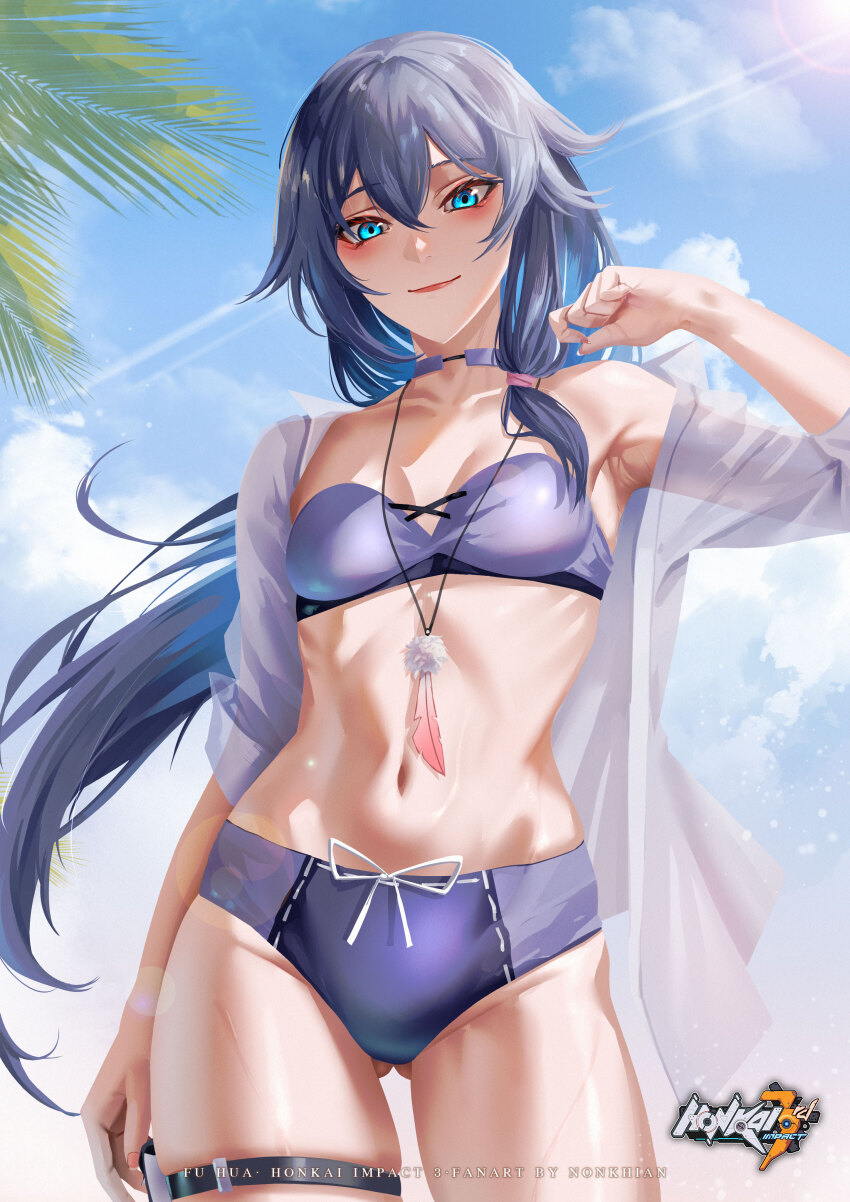 1girl, absurdres, armpits, bikini, black_choker, blue_eyes, blue_hair, choker