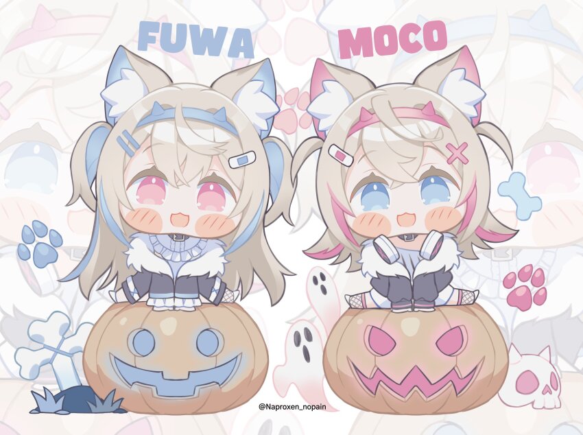 2girls, animal_ear_fluff, animal_ears, bandaid, bandaid_hair_ornament, belt_collar, black_collar, black_jacket, blonde_hair, blue_eyes, blue_hair, blush, character_name, chibi, collar, dog_ears, dog_girl, fur-trimmed_jacket, fur_trim, fuwawa_abyssgard, fuwawa_abyssgard_(1st_costume), hair_ornament, hairpin, headphones, headphones_around_neck, highres, hololive, hololive_english, jack-o'-lantern, jacket, long_hair, looking_at_viewer, medium_hair, mococo_abyssgard, mococo_abyssgard_(1st_costume), multicolored_hair, multiple_girls, nap_roxen, open_mouth, pink_eyes, pink_hair, siblings, sisters, smile, streaked_hair, twins, two_side_up, very_long_hair, virtual_youtuber, x_hair_ornament