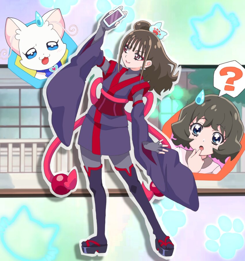 3girls, ?, alternate_costume, black_kimono, blue_eyes, chiran_yuma, cosplay, detached_sleeves