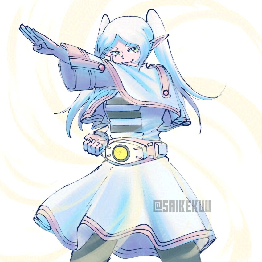 1girl, black_pantyhose, cowboy_shot, dress, elf, frieren, green_eyes, henshin_pose