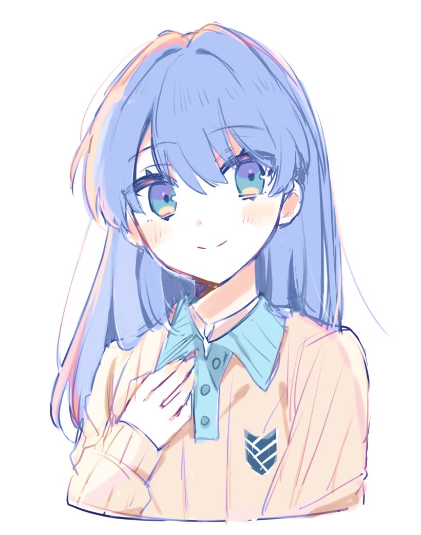 1girl, blue_eyes, blue_hair, bluesky021, blush, casual, closed_mouth, cropped_torso