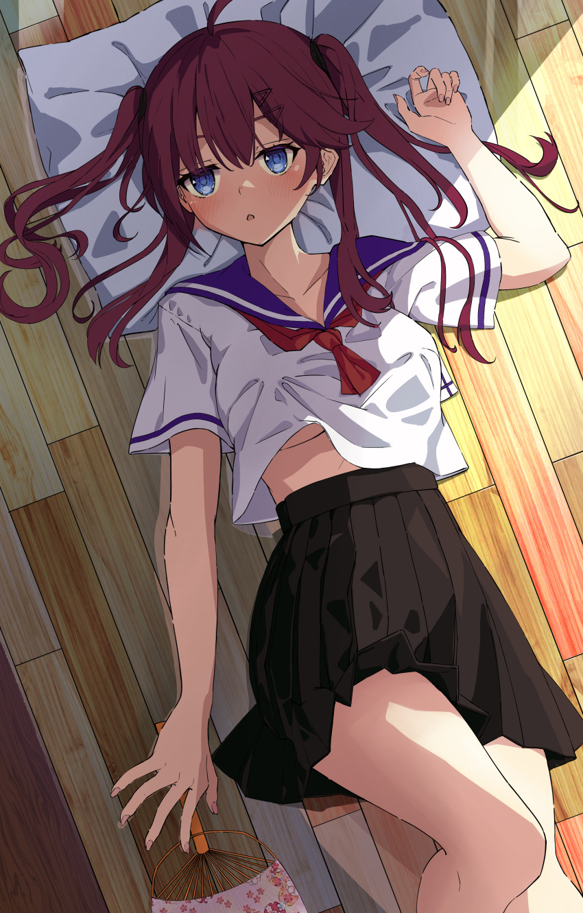 1girl, absurdres, black_skirt, blue_eyes, blush, breasts, coke_kat, copyright_request, hair_ornament, hairclip, hand_fan, hand_up, highres, jitome, long_hair, looking_at_viewer, looking_inside, lying, medium_breasts, neckerchief, non-web_source, on_back, pleated_skirt, red_hair, red_neckerchief, school_uniform, serafuku, shirt, short_sleeves, skirt, solo, thighs, underboob, white_shirt, wooden_floor