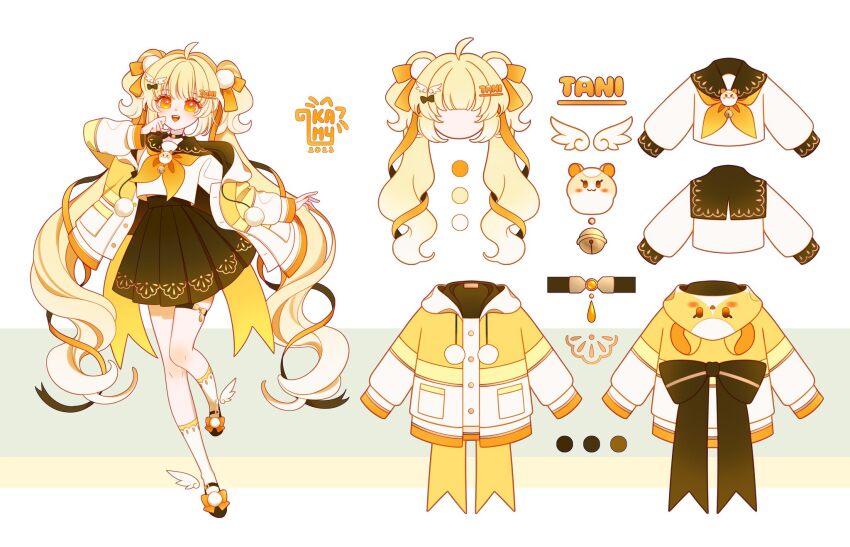 blonde_hair, brown_ribbon, brown_skirt, reference_sheet, curly_hair, hair_ornament, highres, long_hair, luami_media, mascot, open_mouth, ribbon, school_uniform, shirt, skirt, smile, socks, tani_kami, virtual_youtuber, white_socks, winged_footwear, winter_clothes, yellow_eyes, yellow_ribbon