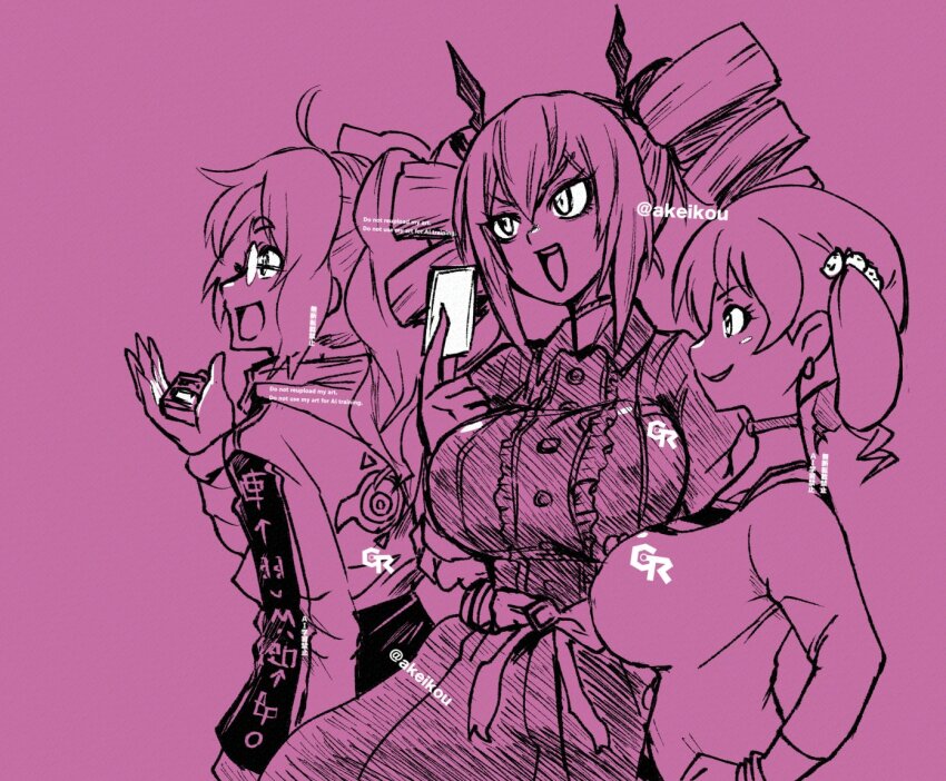 3girls, akeikou, breasts, card, cowboy_shot, digimon, digimon_card_game, digimon_liberator, digimon_recollection, digimon_rikollection, digimon_xros_wars, digimon_xros_wars:_toki_wo_kakeru_shounen_hunter-tachi, dress, drill_hair, glasses, holding, holding_card, hood, hooded_jacket, in-franchise_crossover, jacket, large_breasts, long_hair, monochrome, multiple_girls, nozomi_riko, open_mouth, pink_background, suzaki_airu, twin_drills, twintails, upper_body, violet_inboots, watermark