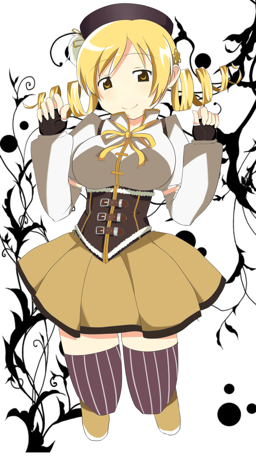 10s, 1girl, absurdres, bad_id, bad_pixiv_id, beret, blonde_hair, breasts, corset, detached_sleeves, drill_hair, female_focus, fingerless_gloves, gloves, hair_ornament, hat, highres, large_breasts, magical_girl, mahou_shoujo_madoka_magica, mahou_shoujo_madoka_magica_(anime), pleated_skirt, puffy_sleeves, ruruan_(piitan), skirt, smile, solo, supatoro_(02260913), thighhighs, tomoe_mami, tomoe_mami_(magical_girl), yellow_eyes, zettai_ryouiki