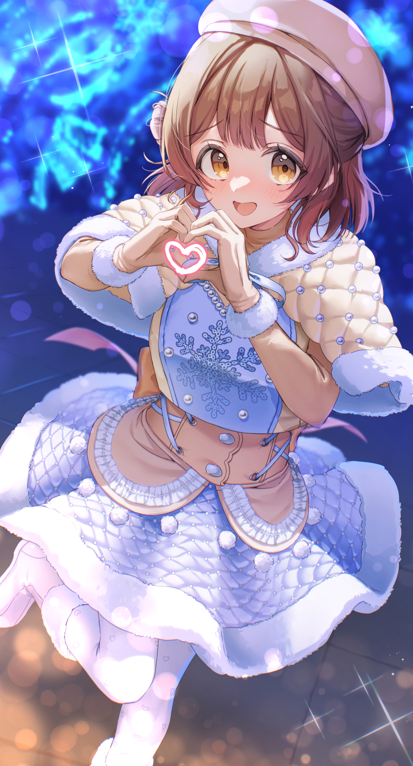 1girl, absurdres, beret, blush, brown_hair, brown_hat, fur-trimmed_footwear, fur-trimmed_skirt