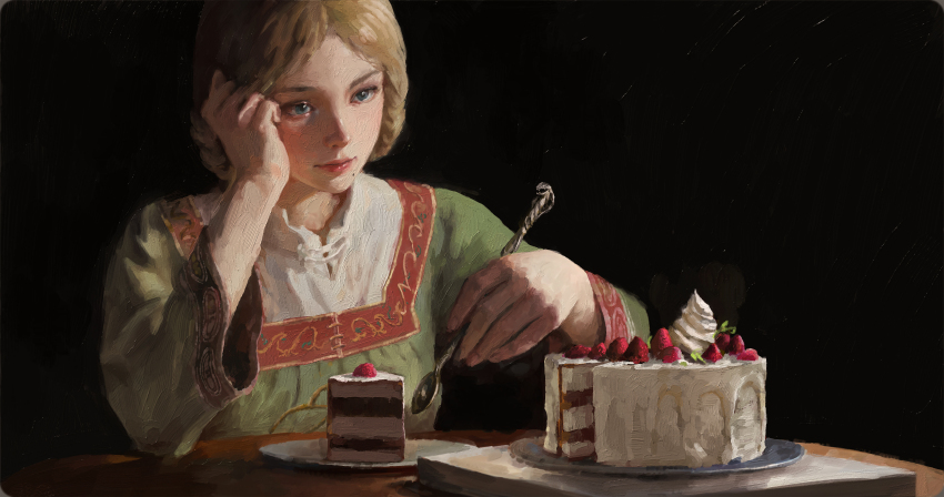 1girl, absurdres, black_background, blonde_hair, blue_eyes, braid, braided_hair_rings, cake