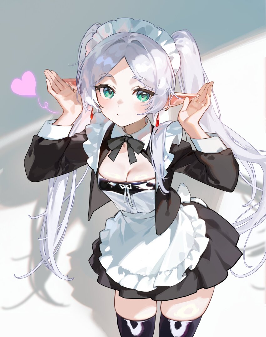 1girl, absurdres, alternate_costume, apron, arms_up, black_bow, black_dress, black_jacket, black_thighhighs, bow, breasts, cleavage, collared_jacket, cupping_ears, dress, earrings, elf, enmaided, foolish_potato, frieren, green_eyes, heart, highres, jacket, jewelry, leaning_forward, long_hair, long_sleeves, looking_at_viewer, maid, maid_headdress, parted_bangs, pointy_ears, short_dress, simple_background, small_breasts, solo, sousou_no_frieren, thighhighs, twintails, very_long_hair, waist_apron, white_background, white_hair, zettai_ryouiki