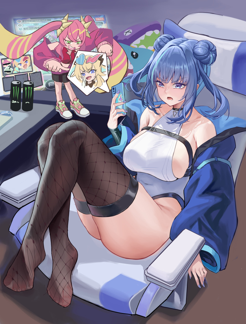 3girls, absurdres, bare_shoulders, bike_shorts, black_thighhighs, blonde_hair, blue_eyes, blue_hair