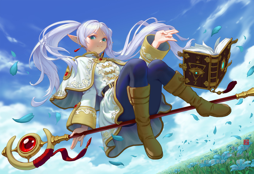 1girl, aqua_eyes, black_pantyhose, blue_eyes, blue_flower, book, boots, brown_boots