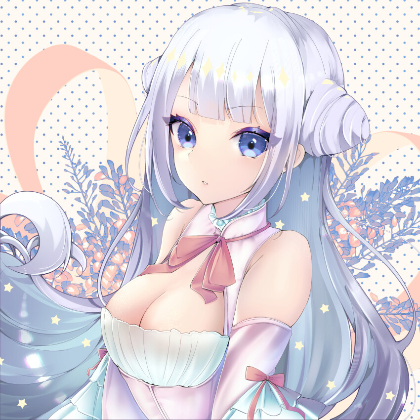 1girl, bare_shoulders, blue_eyes, bow, bowtie, breasts, cleavage, cone_hair_bun