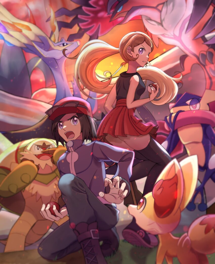 absurdres, black_hair, black_thighhighs, blue_skin, brown_hair, calem_(pokemon), chesnaught, colored_skin, dosya_252, eyewear_on_headwear, fennekin, gen_6_pokemon, greninja, highres, holding, holding_poke_ball, legendary_pokemon, nintendo, on_one_knee, open_mouth, pleated_skirt, poke_ball, poke_ball_(basic), pokemon, pokemon_x_and_y, ponytail, serena_(pokemon), skirt, sunglasses, thighhighs, xerneas, yveltal