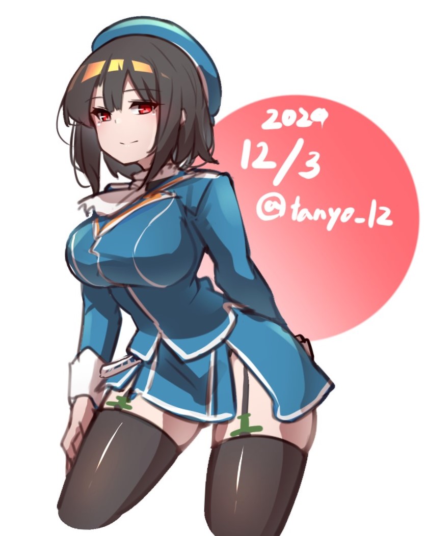 1girl, beret, black_gloves, black_hair, black_thighhighs, blue_hat, blush, breasts