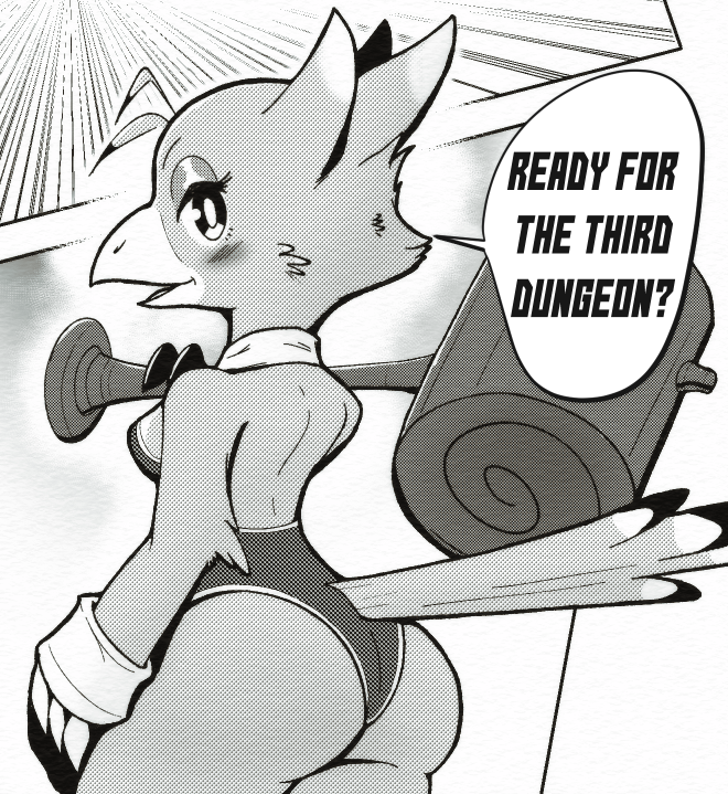 1girl, ahoge, antenna_hair, ass, atlyss, beak, bird_girl, bird_tail, birdgummies, blush, breasts, byrdle_(atlyss), commentary, detached_collar, detached_sleeves, english_commentary, english_text, from_side, furry, greyscale, hammer, holding, holding_hammer, leotard, looking_at_viewer, looking_to_the_side, medium_breasts, monochrome, player_character_(atlyss), smile, speech_bubble, tail, weapon_across_shoulders