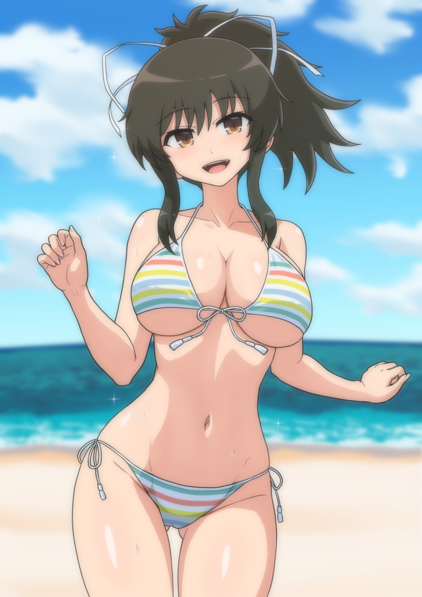 1girl, asuka_(senran_kagura), beach, bikini, black_hair, blue_sky, blurry, blurry_background