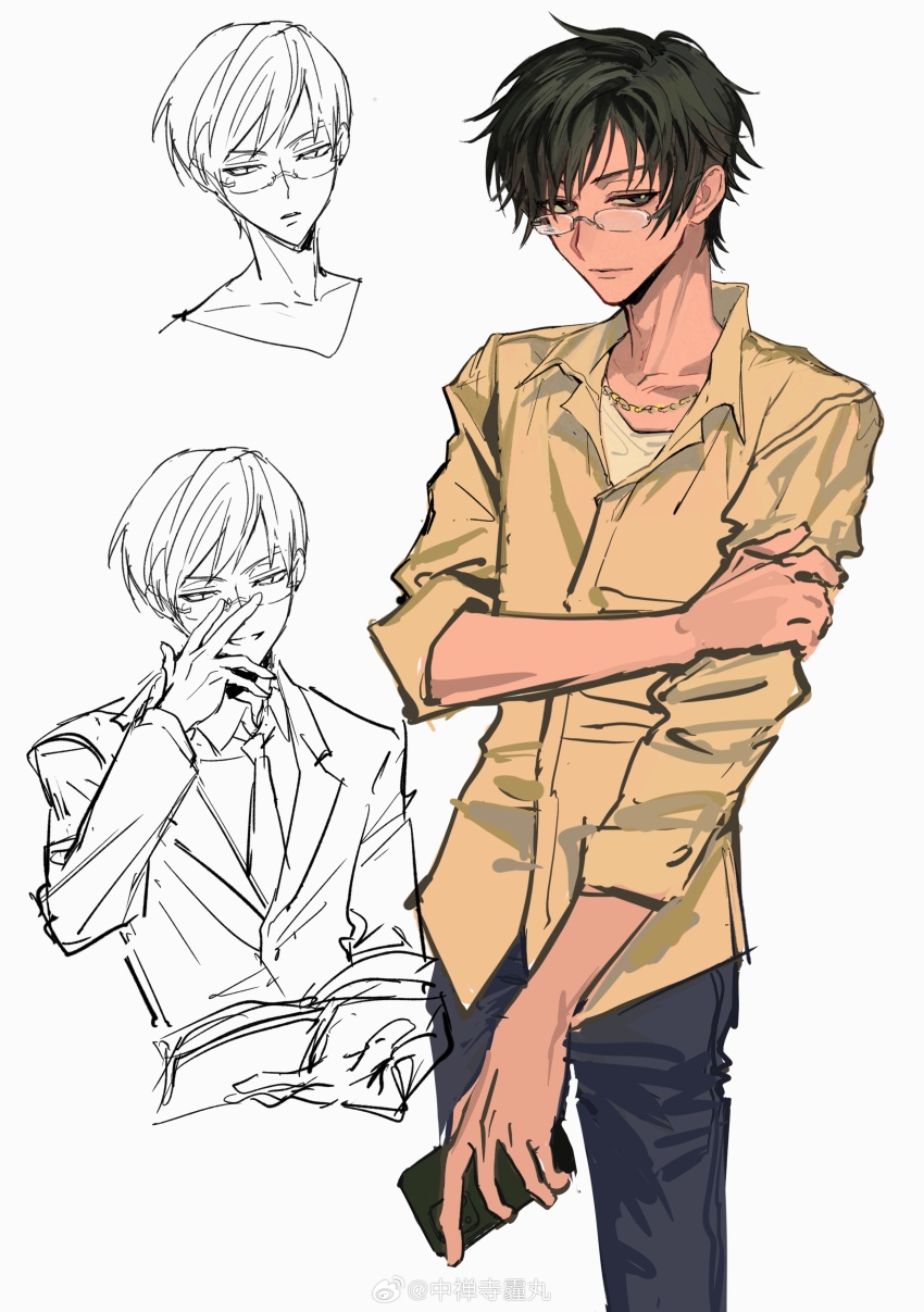 1boy, absurdres, adjusting_eyewear, artist_name, black_hair, black_pants, blazer, book