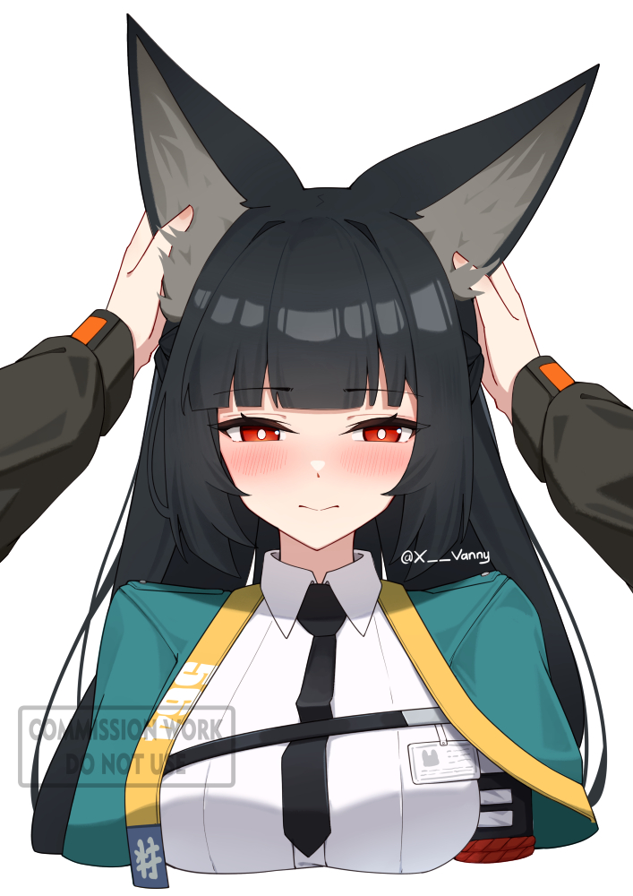 1girl, 1other, animal_ear_fluff, artist_name, black_hair, black_necktie, blunt_bangs, blush