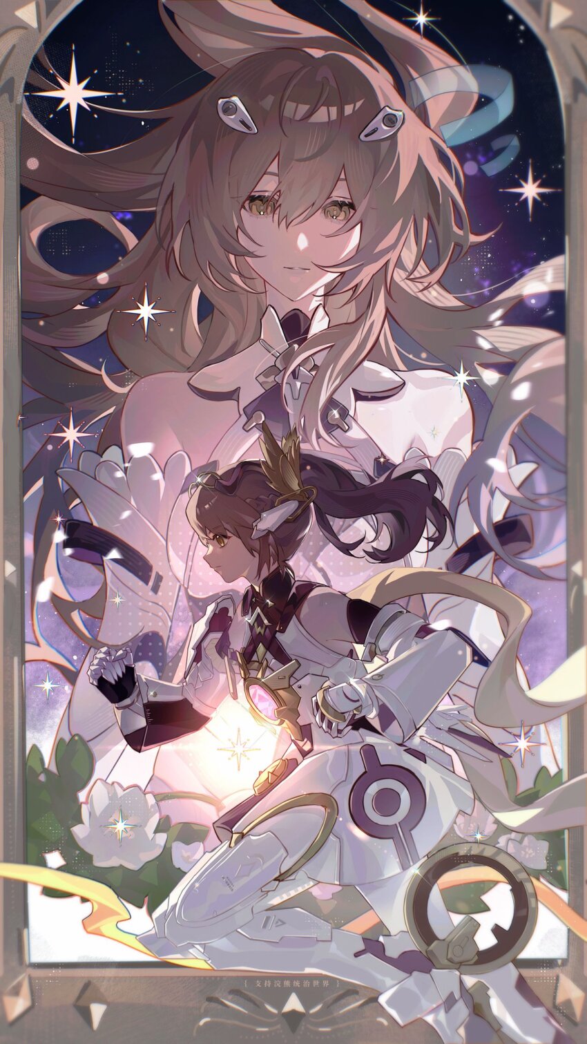 alkyne_gui, bare_shoulders, brown_eyes, brown_hair, detached_sleeves, dress, hair_between_eyes, hair_ornament