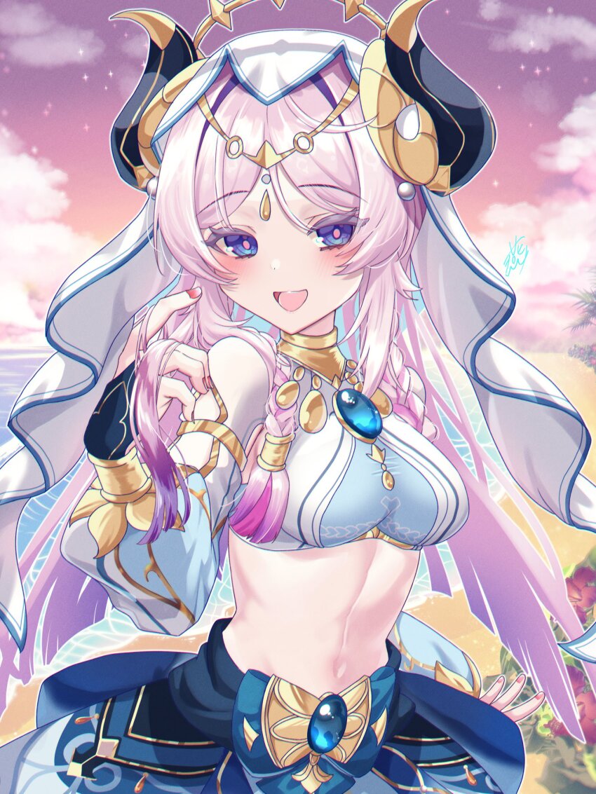 1girl, :d, adapted_costume, beach, blue_eyes, blue_gem, blue_skirt, blush