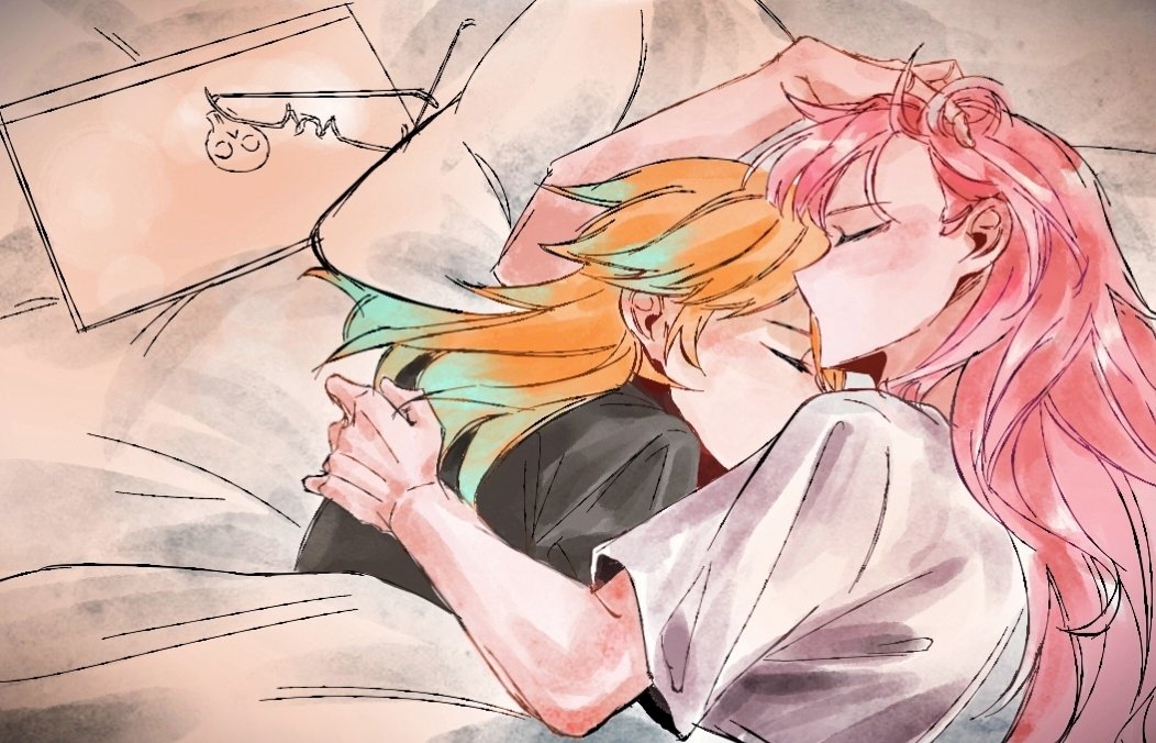 2girls, alternate_costume, bed, blanket, blush, breasts, closed_eyes, couple, cuddling, earrings, feather_earrings, feathers, gradient_hair, green_hair, hololive, hololive_english, jewelry, large_breasts, leaning_on_person, long_hair, lying, mori_calliope, multicolored_hair, multiple_girls, on_side, orange_hair, pillow, pink_hair, sanni1416029, shirt, sleeping, takanashi_kiara, under_covers, virtual_youtuber, yuri