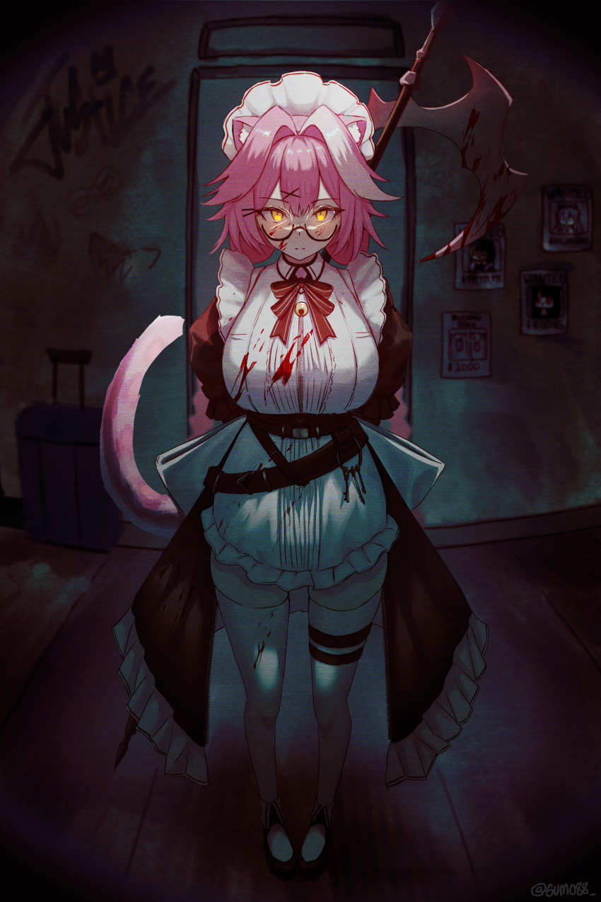 1girl, absurdres, alternate_costume, animal_ear_fluff, animal_ears, apron, arms_behind_back, belt, black-framed_eyewear, black_belt, black_dress, black_shoes, blood, blood_on_clothes, blood_on_face, bloody_weapon, bow, bowtie, breasts, closed_mouth, collared_dress, commentary, dress, english_commentary, enmaided, expressionless, frilled_apron, frills, fuwawa_abyssgard, glasses, hair_between_eyes, hair_intakes, hair_ornament, halberd, highres, holding, holding_behind_back, holding_weapon_behind_back, hololive, hololive_english, indoors, key, koseki_bijou, large_breasts, looking_at_viewer, maid, mococo_abyssgard, multicolored_hair, nerissa_ravencroft, panther_ears, panther_girl, panther_tail, pink_hair, pink_tail, polearm, raora_panthera, raora_panthera_(maid), red_bow, red_bowtie, round_eyewear, semi-rimless_eyewear, shiori_novella, shoes, solo, split_mouth, standing, suitcase, sumosumo, tail, tail_raised, thigh_strap, thighhighs, twitter_username, two-tone_hair, under-rim_eyewear, virtual_youtuber, wanted_poster, weapon, white_apron, white_hair, white_thighhighs, x_hair_ornament, yellow_eyes