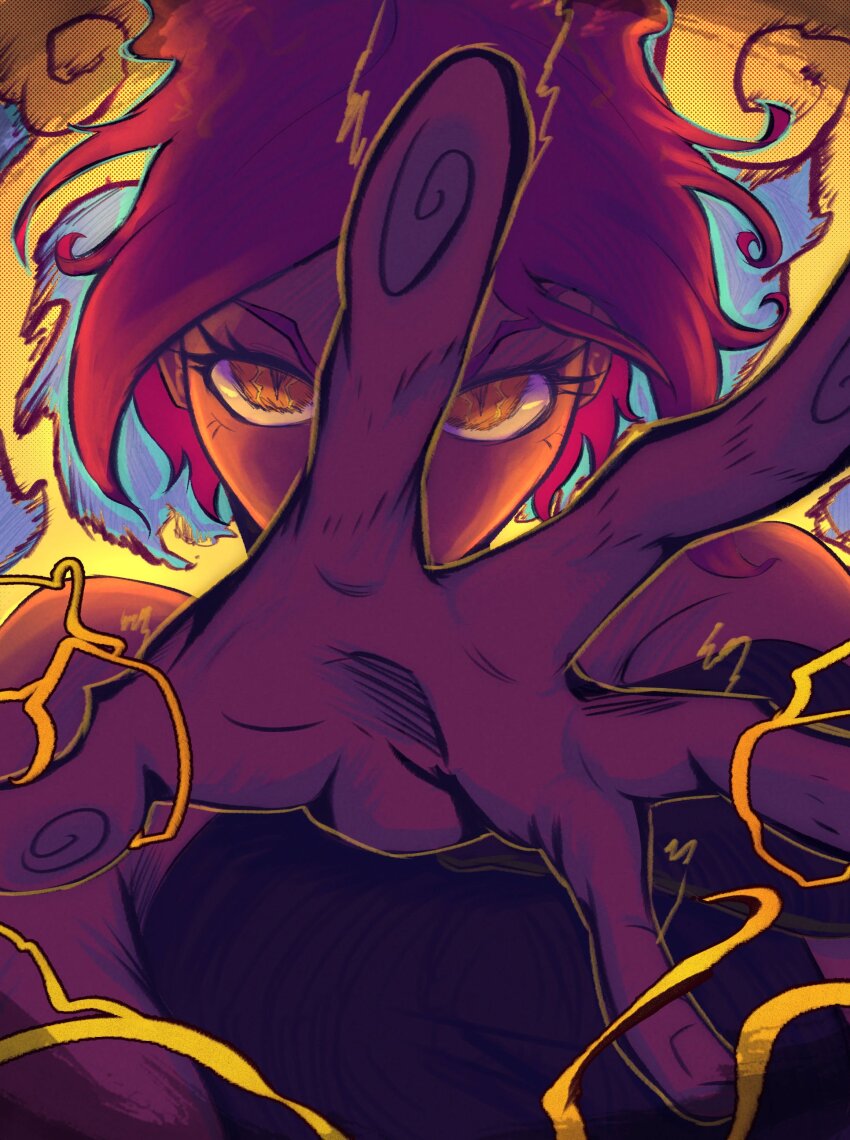 1girl, absurdres, bleach, bleach:_sennen_kessen-hen, dark-skinned_female, dark_skin, electricity, electrokinesis, highres, lelastslayer, lightning, looking_at_viewer, purple_hair, reaching, reaching_towards_viewer, shihouin_yoruichi, sleeveless_turtleneck_leotard, slit_pupils, solo, upper_body, yellow_eyes, yellow_lightning