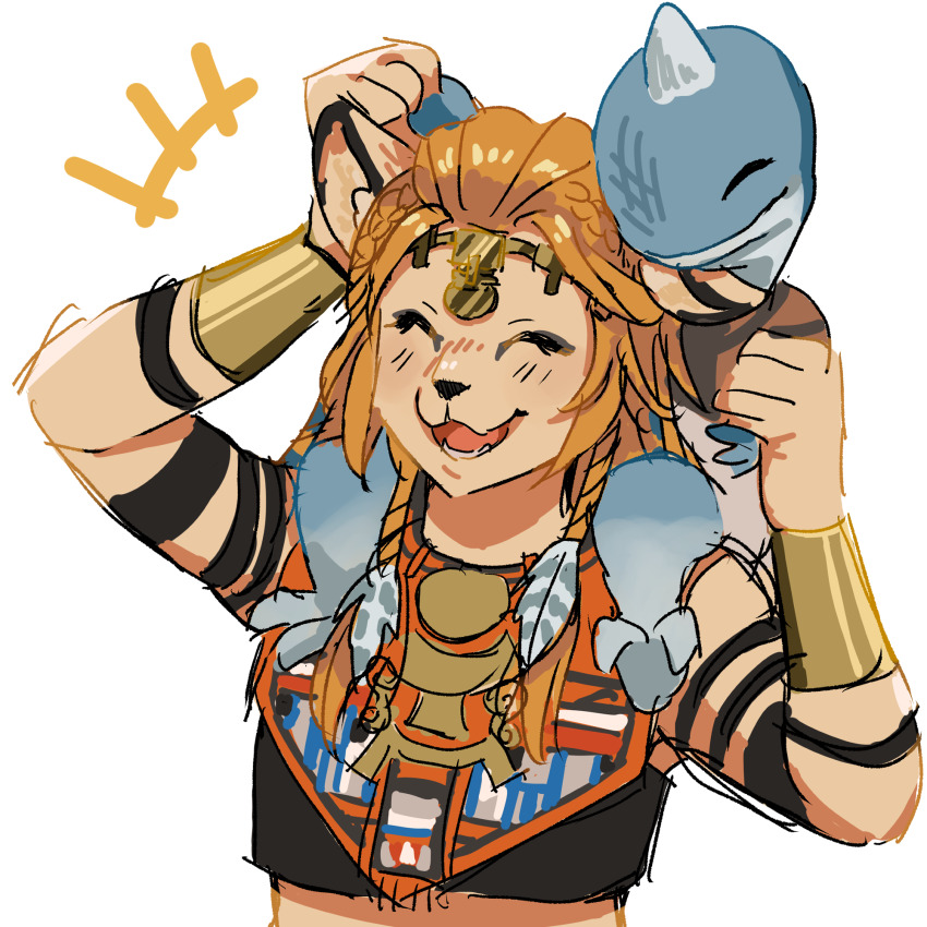 1boy, 1girl, animal_ears, aunt_and_nephew, braid, circlet, fangs, final_fantasy