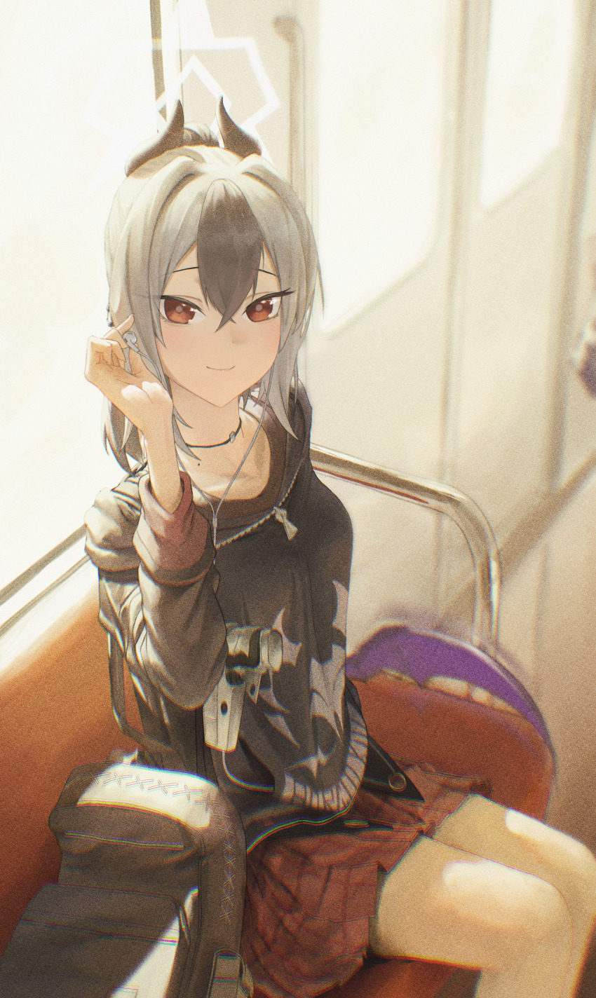 1girl, absurdres, backpack, bag, black_choker, black_hair, black_horns, black_sweater