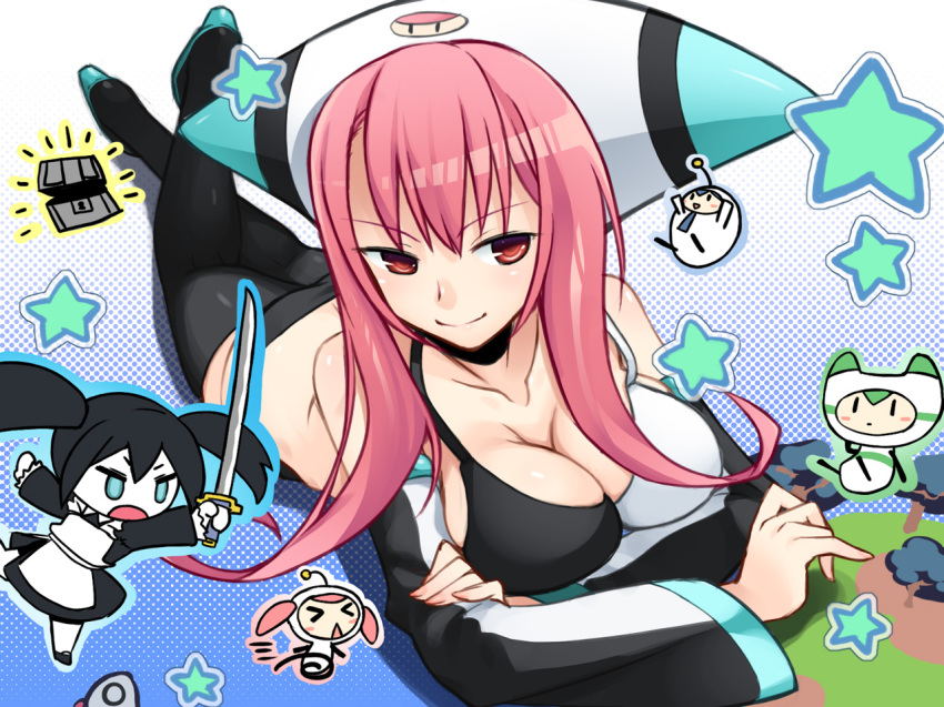 10s, 2girls, ass, bikini, bikini_top_only, black_legwear, black_rock_shooter, black_rock_shooter_(character)