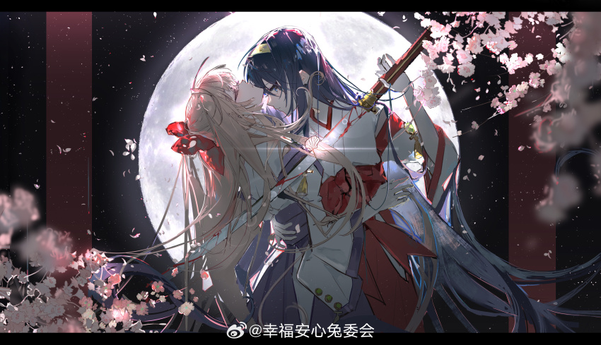 2girls, absurdres, black_sky, blonde_hair, blood, bloody_weapon, bow, branch