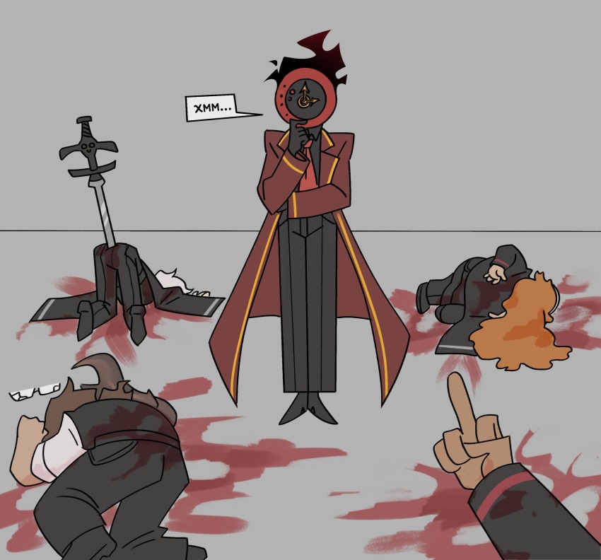 1boy, 1other, 3girls, black_coat, black_footwear, black_pants, black_shirt, blood, broken_eyewear, clock, coat, collared_shirt, dante_(limbus_company), family_guy_death_pose_(meme), faust_(project_moon), gregor_(project_moon), grey_background, highres, ishmael_(project_moon), limbus_company, lying, meme, middle_finger, multiple_girls, nastyasomik, necktie, object_head, on_side, on_stomach, outis_(project_moon), pants, planted, planted_sword, planted_weapon, project_moon, red_coat, red_necktie, russian_text, shirt, standing, sword, sword_in_ass, top-down_bottom-up, weapon, white_shirt, yamcha_pose_(meme)