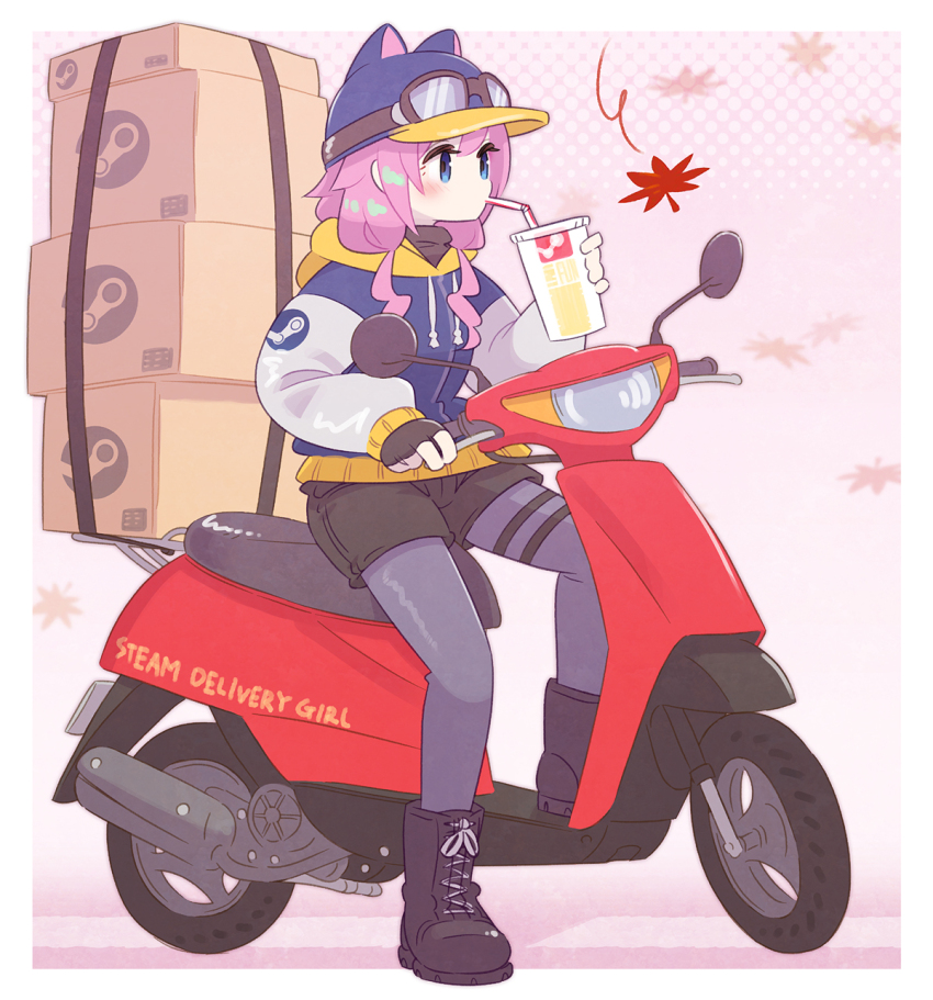 1girl, animal_ear_headwear, baseball_cap, black_footwear, black_gloves, black_shorts, blue_eyes, blue_hat, blue_pantyhose, commentary_request, cup, disposable_cup, drinking, fake_animal_ears, fingerless_gloves, full_body, gloves, hat, highres, holding, holding_cup, jacket, long_hair, long_sleeves, motor_vehicle, on_scooter, pantyhose, pantyhose_under_shorts, picogames_off, pink_hair, puffy_long_sleeves, puffy_sleeves, scooter, short_shorts, shorts, sitting, solo, steam_(platform), steam_delivery_girl
