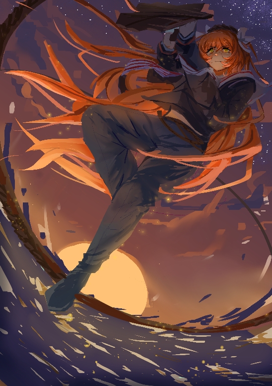 1girl, black_pants, black_shirt, bow, fisheye, hair_bow, holding, holding_rope