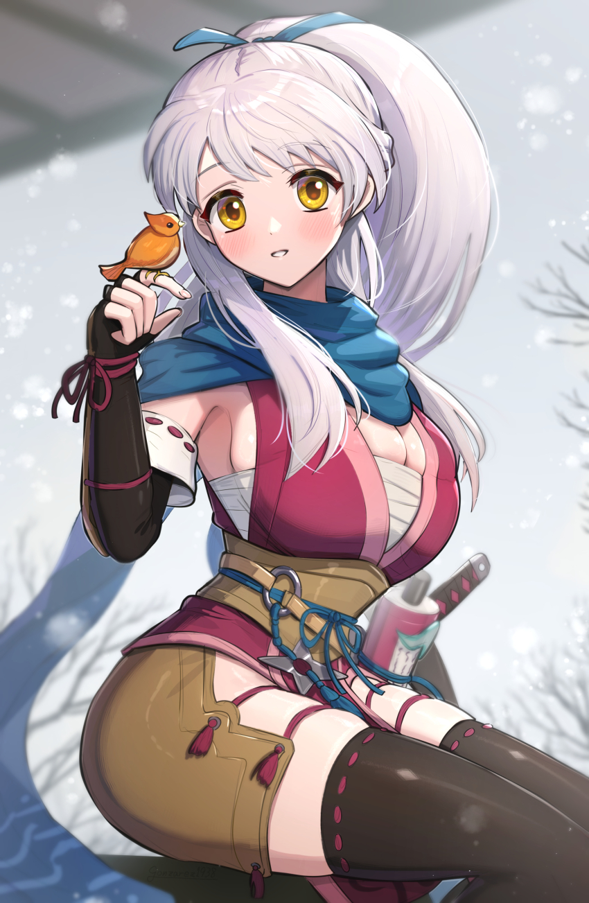 1girl, absurdres, bandages, bird, bird_on_hand, black_thighhighs, blue_ribbon, blue_scarf, breasts, chest_sarashi, cleavage, commentary_request, fire_emblem, fire_emblem:_radiant_dawn, fire_emblem_heroes, gonzarez, hair_ribbon, highres, japanese_clothes, kimono, large_breasts, micaiah_(fire_emblem), micaiah_(ninja)_(fire_emblem), motoyui, ninja, nintendo, official_alternate_costume, official_alternate_hairstyle, ponytail, ribbon, sarashi, scarf, sideboob, simple_background, sleeveless, sleeveless_kimono, thighhighs, thighs, white_background, yune_(fire_emblem)