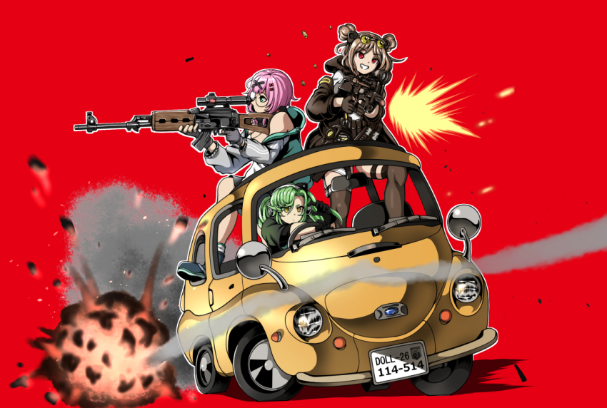3girls, bare_shoulders, black_gloves, black_jacket, black_pantyhose, bullpup, car, character_request