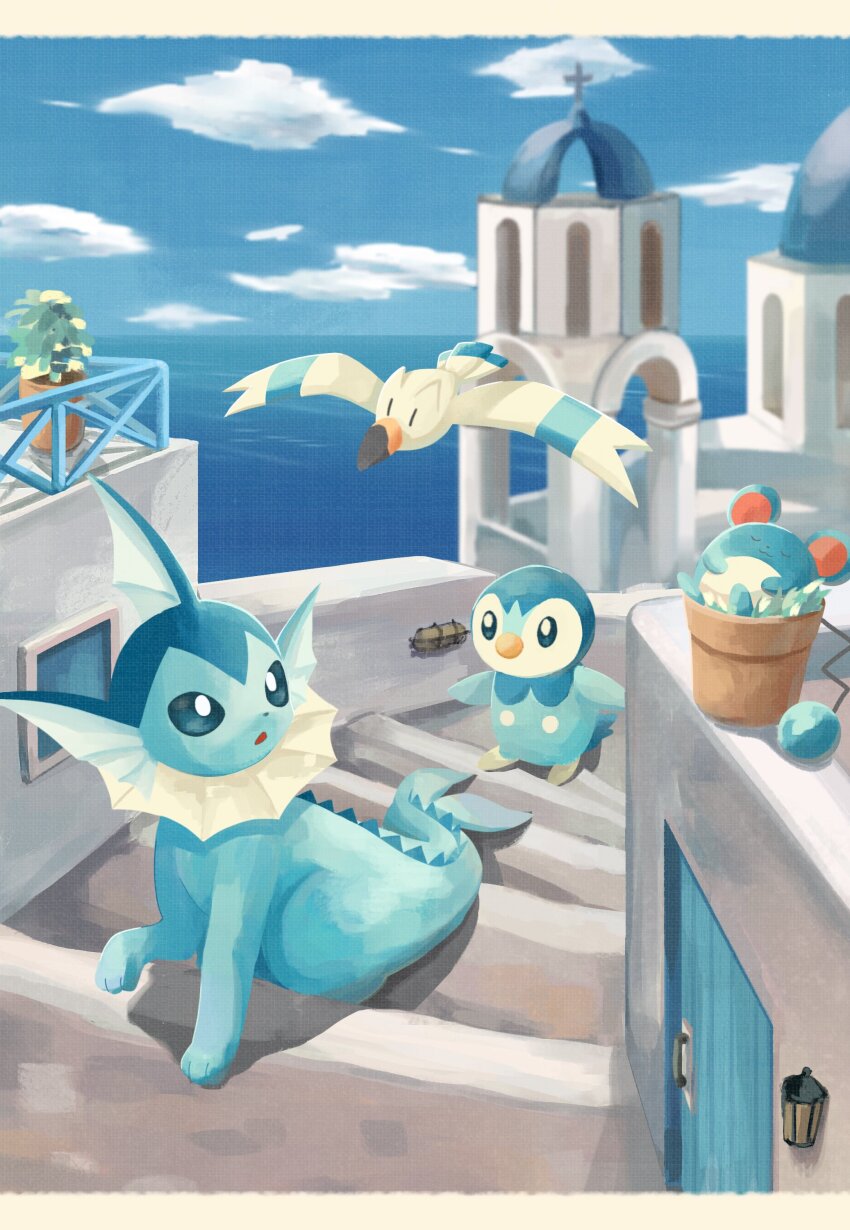 absurdres, bird, blue_eyes, bright_pupils, cloud, commentary, fins, flower_pot