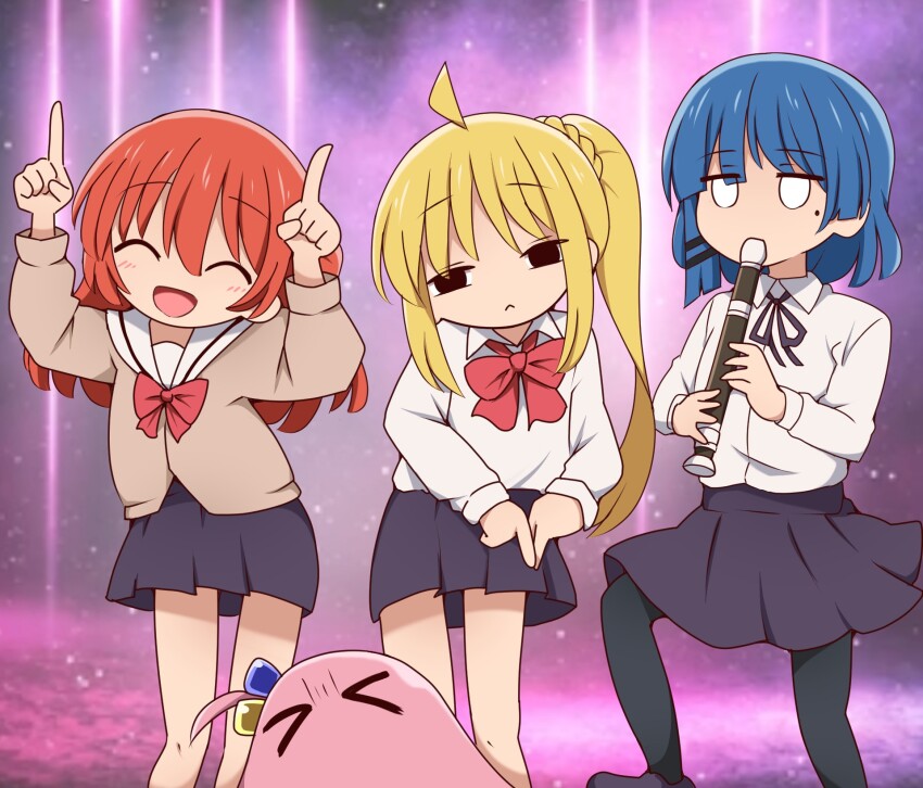 >_<, 4girls, blonde_hair, blue_hair, bocchi_the_rock!, bow, bowtie, braid