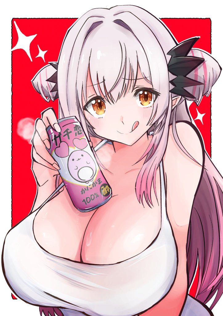 029skysky, 1girl, :q, alternate_costume, black_horns, blush, breasts, can, cleavage, closed_mouth, commentary, commentary_request, cone_hair_bun, demon_girl, demon_horns, grey_hair, hair_bun, hair_intakes, holding, holding_can, horns, huge_breasts, indie_virtual_youtuber, kanikama_(suou_patra), long_hair, looking_at_viewer, multicolored_hair, orange_eyes, pink_hair, pointy_ears, red_background, smile, solo, sparkle, streaked_hair, suou_patra, untranslatable_commentary, tank_top, tongue, tongue_out, upper_body, virtual_youtuber, white_background, white_tank_top