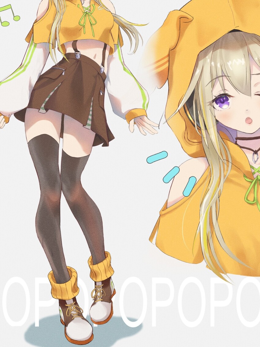 1girl, black_thighhighs, blonde_hair, blush, boots, botan_(oacdrykafjf3g3d), breasts, brown_skirt